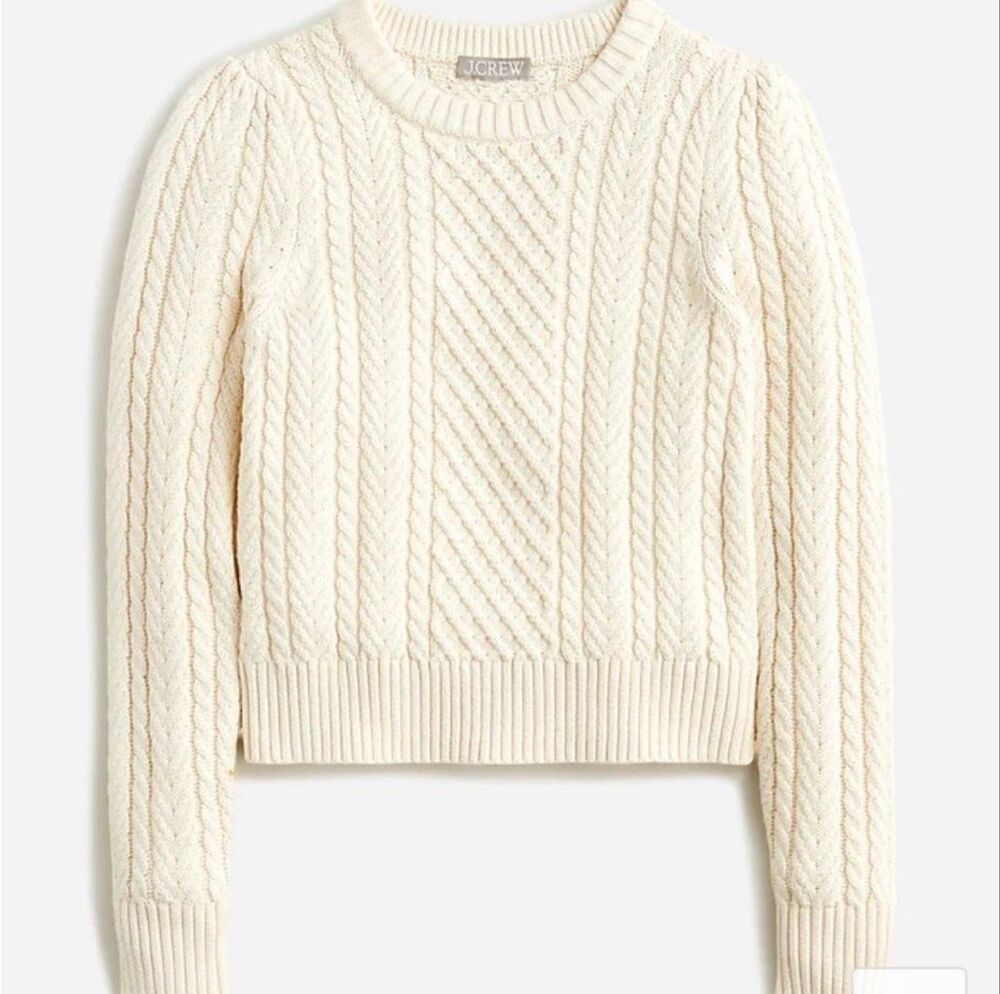 J. Crew Cable knit puff sleeve crewneck sweater M